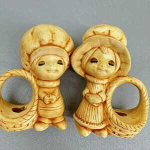 Ceramic Figurine Boy And Girl Holding Baskets Big Hats Statue Home Decor Vintage